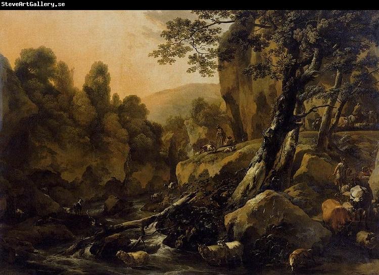 Nicolaes Pietersz. Berchem Herdsmen and Herds at a Waterfall